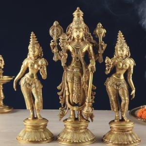 Brass Lord Vishnu with Bhudevi & Sridevi | 13" x 5.8" x 3.9" (33 x 14.7 x 9.9 cm) | 6.9 kg Sacred Art | Divine Trinity Murti